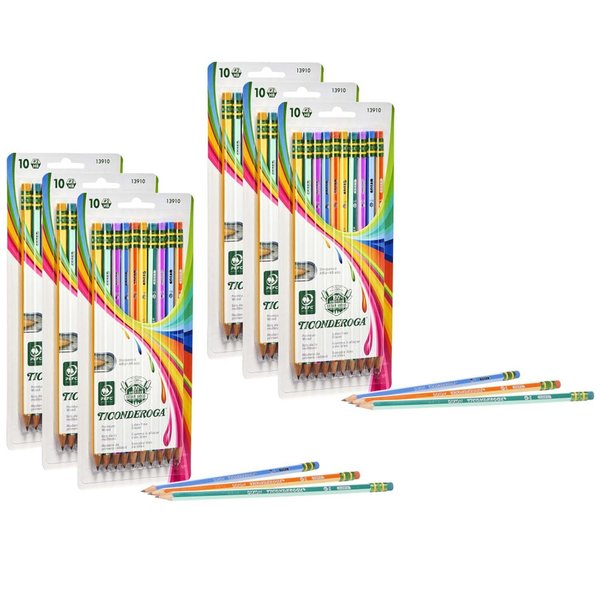 Ticonderoga Pencils, #2 Soft, Neon Stripes, Presharpened, PK60, 60PK 13910